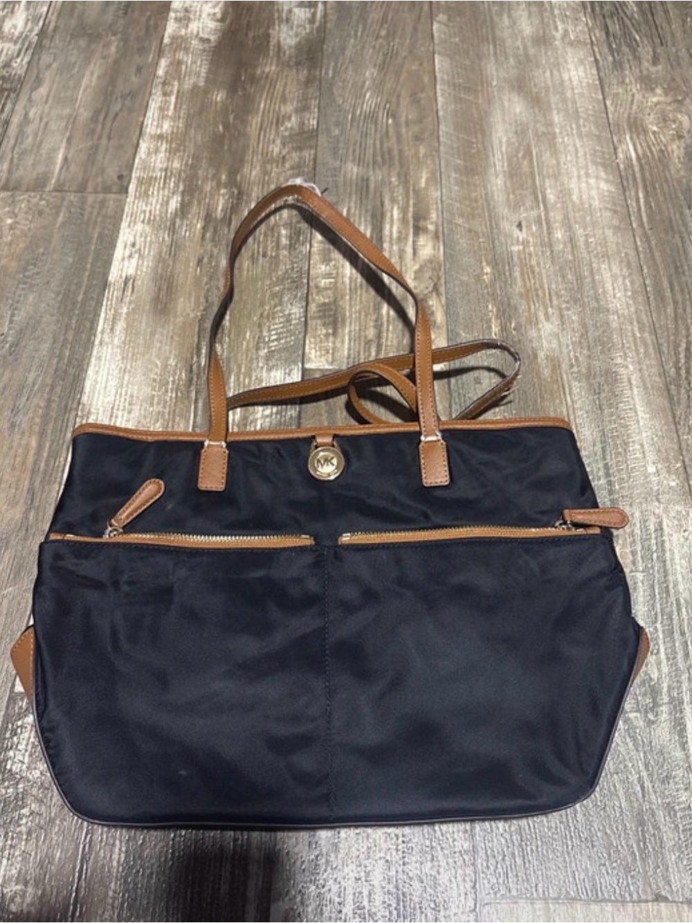 Michael Kors Navy Tote with Brown Leather Trim